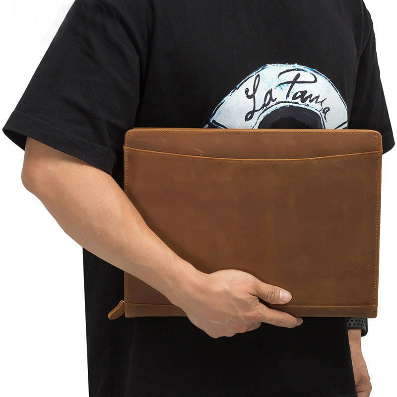 Vintage Crazy Horse Leather Storage Folder – Zipper Closure, Multifunctional Organizer for 12.9-Inch Tablet & Documents