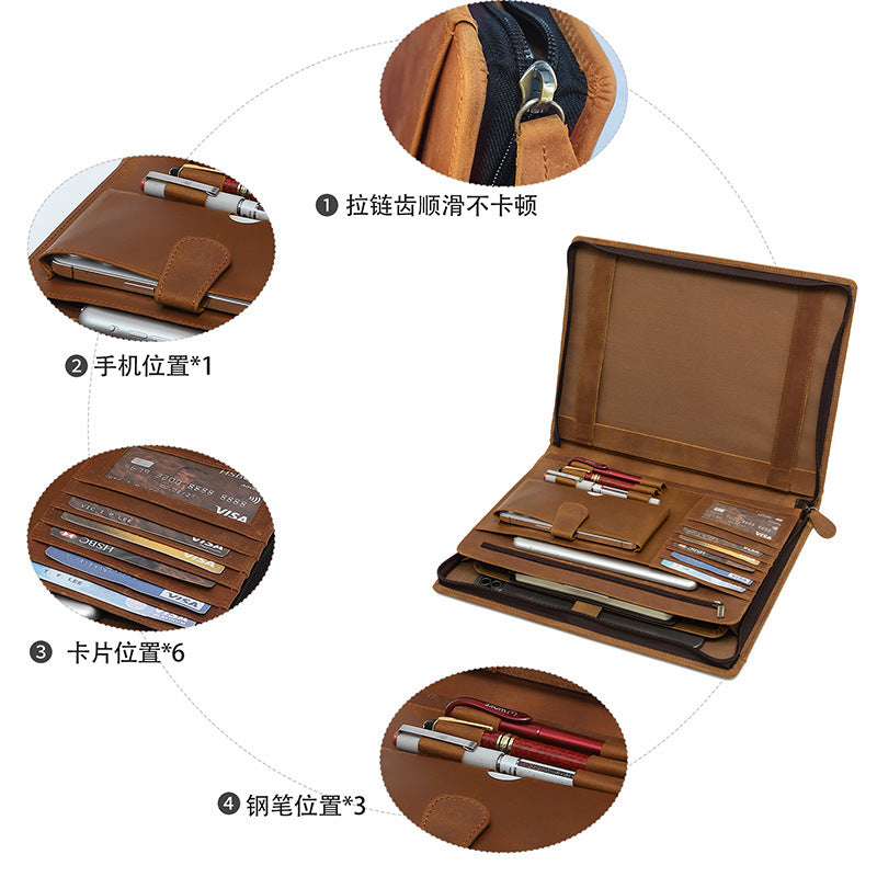 Vintage Crazy Horse Leather Storage Folder – Zipper Closure, Multifunctional Organizer for 12.9-Inch Tablet & Documents