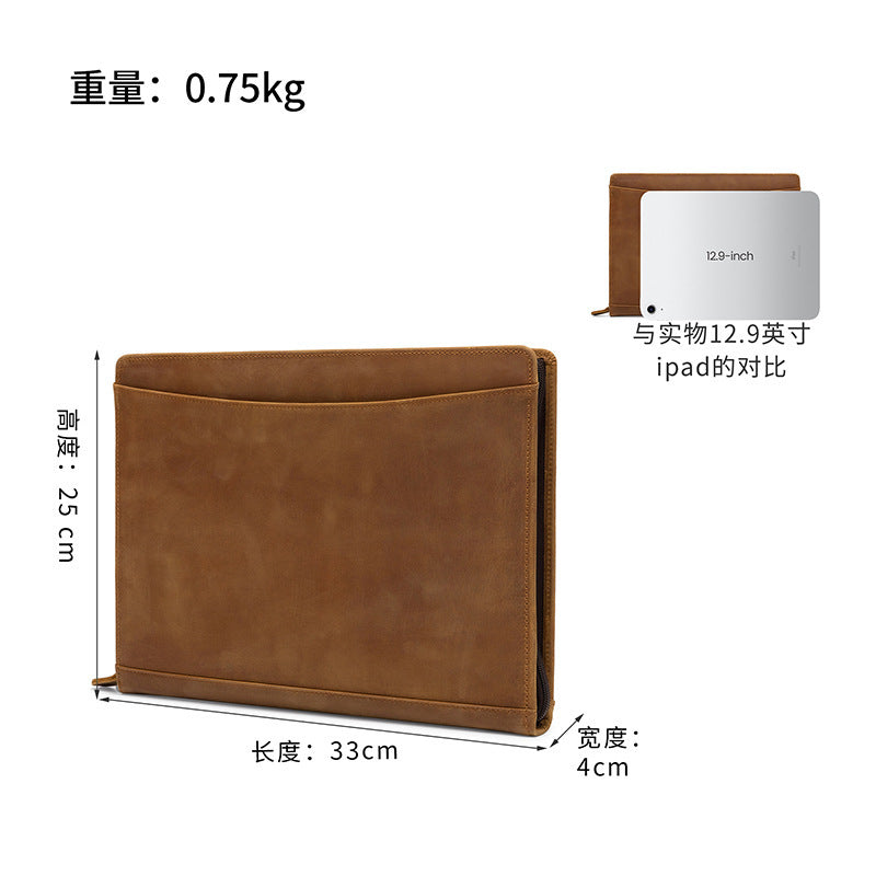 Vintage Crazy Horse Leather Storage Folder – Zipper Closure, Multifunctional Organizer for 12.9-Inch Tablet & Documents
