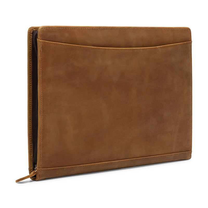Vintage Crazy Horse Leather Storage Folder – Zipper Closure, Multifunctional Organizer for 12.9-Inch Tablet & Documents