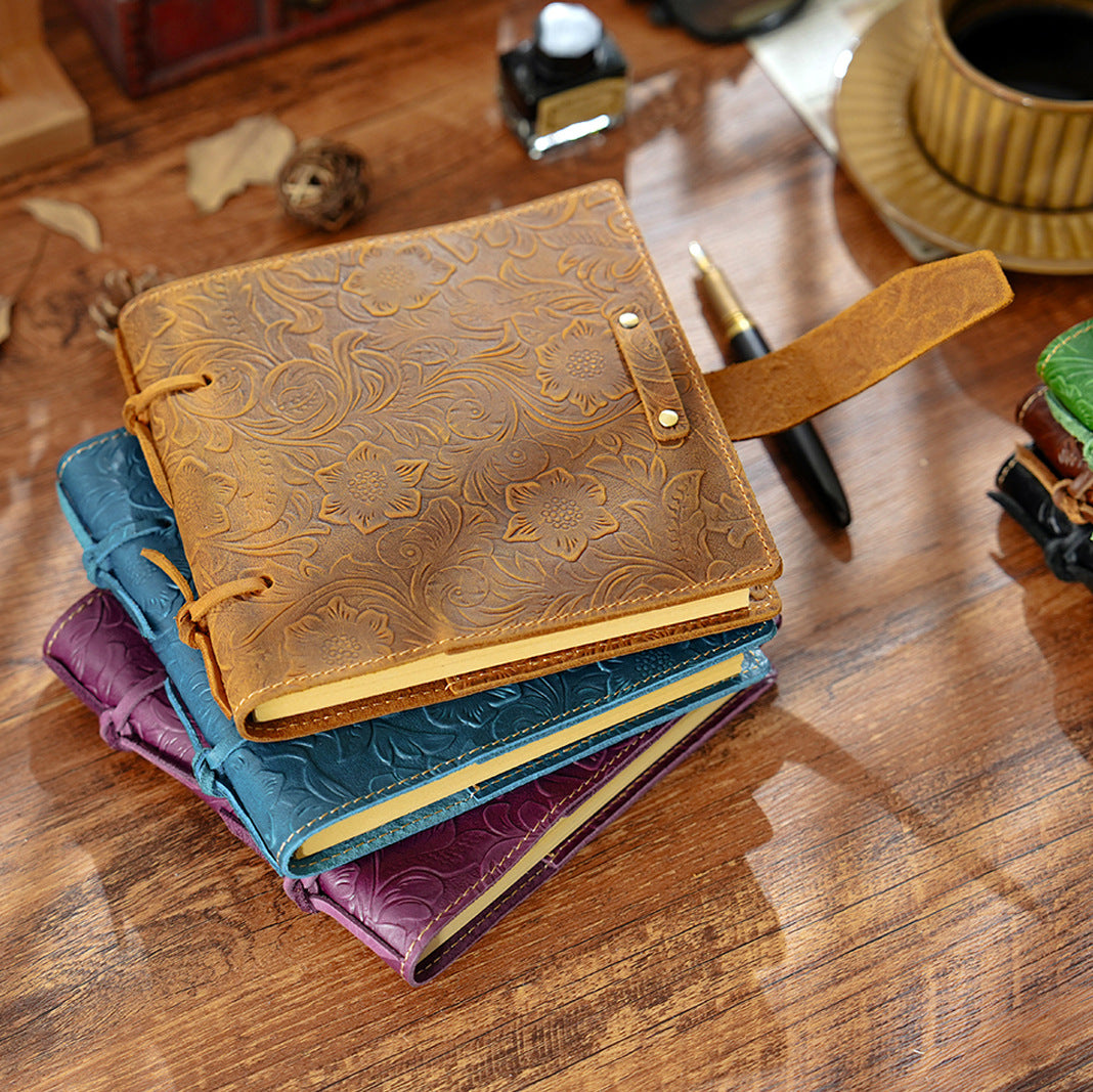 Vintage Embossed Leather Notebook with Handcrafted Binding & String Closure, Sketchbook