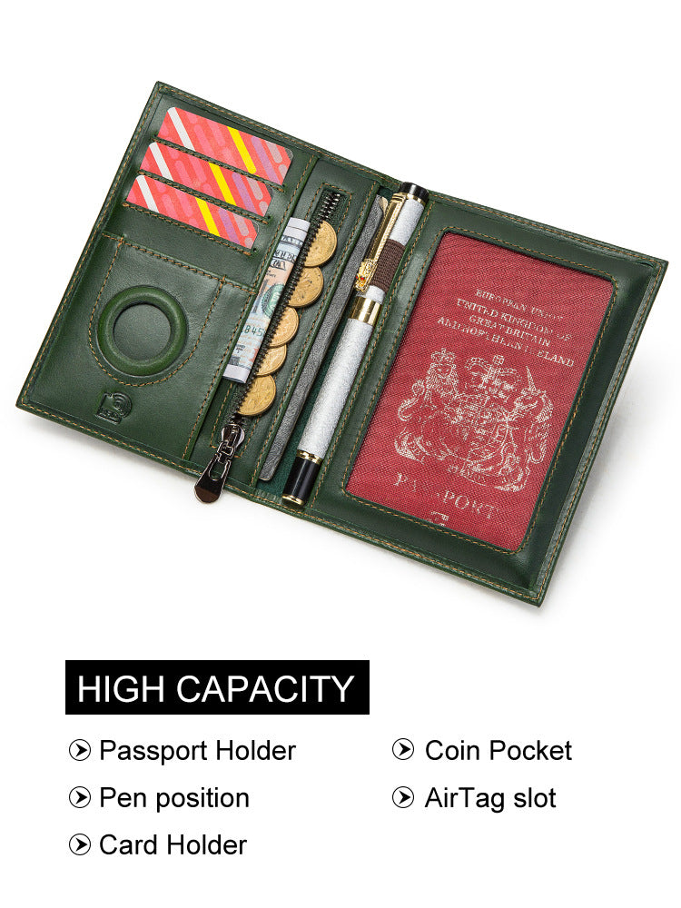 Vintage Full-Grain Leather RFID Passport Holder with AirTag Slot, Coin Pocket, and Card Holder
