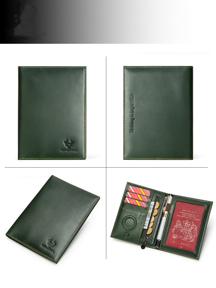 Vintage Full-Grain Leather RFID Passport Holder with AirTag Slot, Coin Pocket, and Card Holder