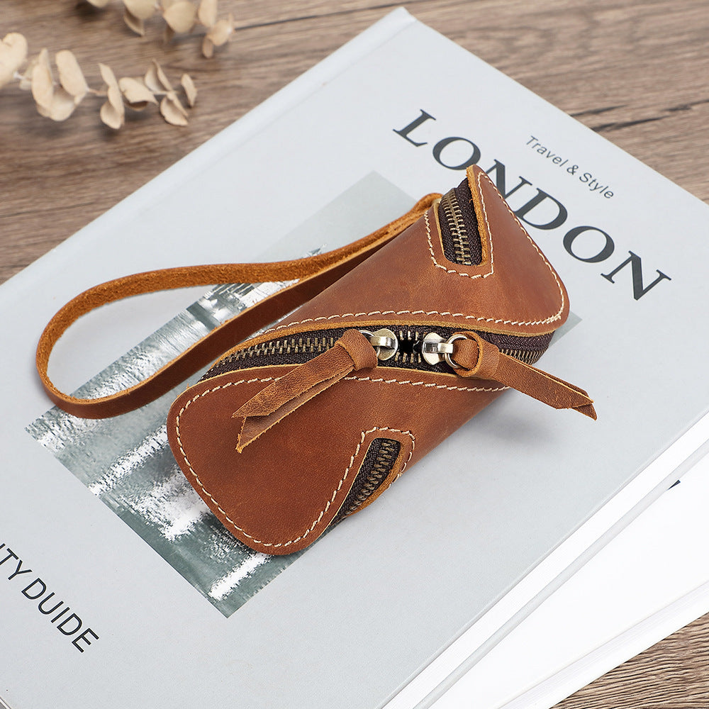 Vintage Genuine Leather Key Storage Case – Creative Zipper Key Holder Pouch for Car and Home Keys, Handmade Retro Wallet Bag
