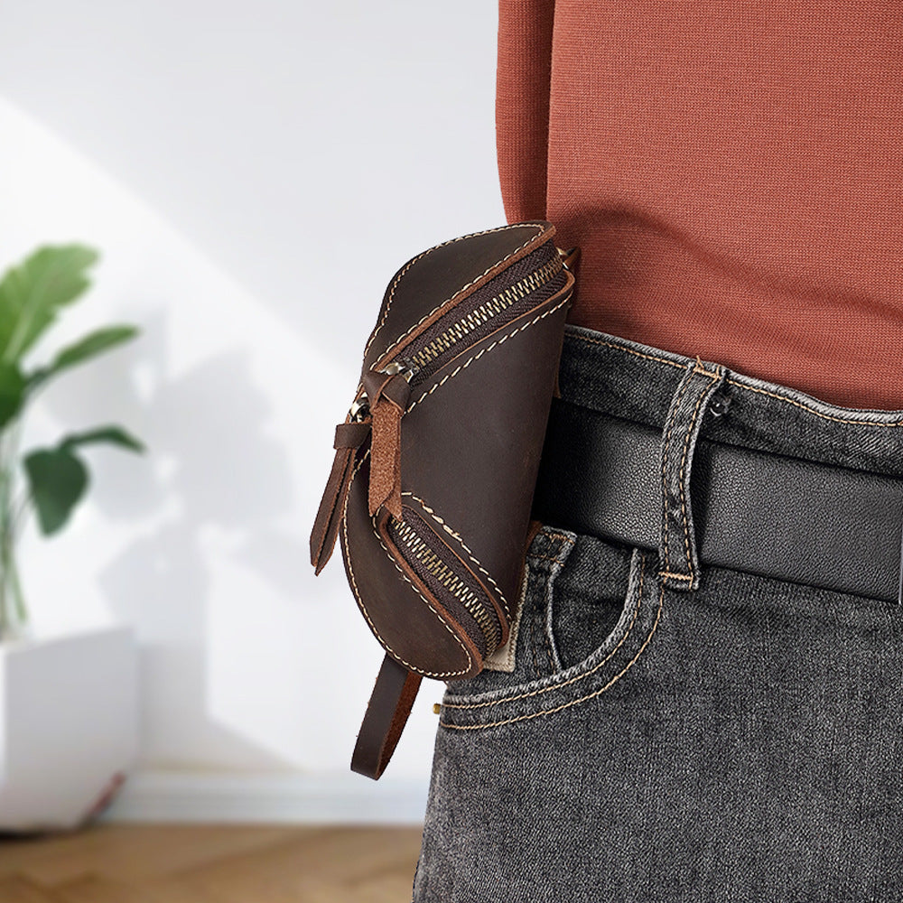 Vintage Genuine Leather Key Storage Case – Creative Zipper Key Holder Pouch for Car and Home Keys, Handmade Retro Wallet Bag