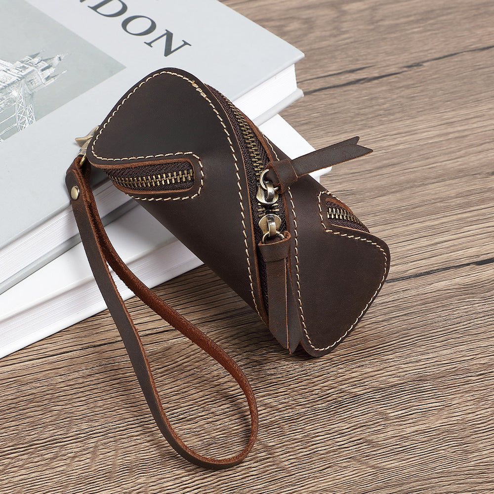 Vintage Genuine Leather Key Storage Case – Creative Zipper Key Holder Pouch for Car and Home Keys, Handmade Retro Wallet Bag