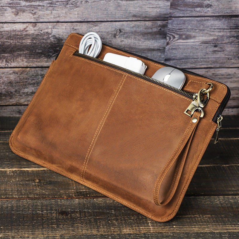 Vintage Genuine Leather Laptop Storage Sleeve – Handmade Zipper Bag for MacBook Pro 14 Inch, Retro Carrying Case with Handle