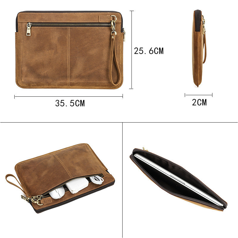 Vintage Genuine Leather Laptop Storage Sleeve – Handmade Zipper Bag for MacBook Pro 14 Inch, Retro Carrying Case with Handle