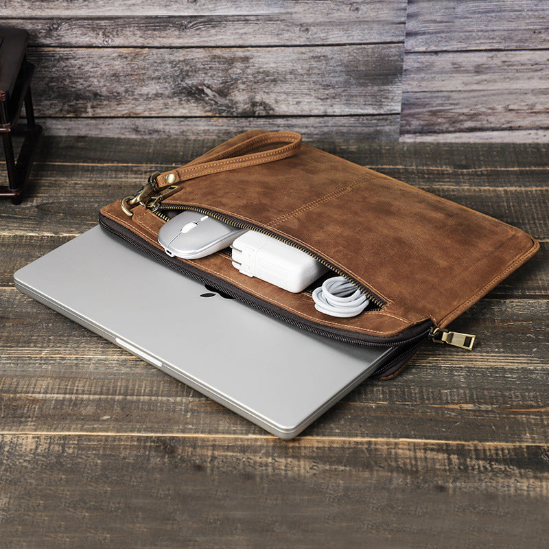 Vintage Genuine Leather Laptop Storage Sleeve – Handmade Zipper Bag for MacBook Pro 14 Inch, Retro Carrying Case with Handle