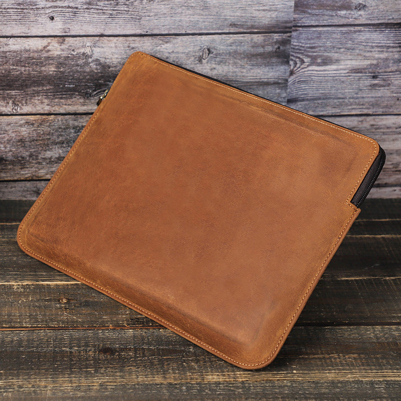 Vintage Genuine Leather Laptop Storage Sleeve – Handmade Zipper Bag for MacBook Pro 14 Inch, Retro Carrying Case with Handle
