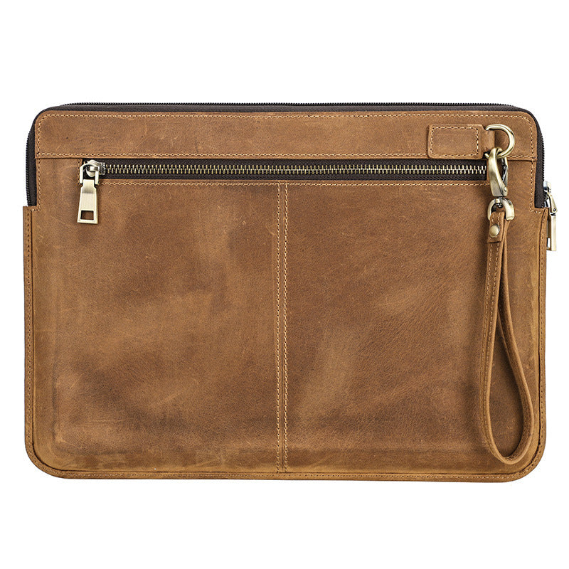 Vintage Genuine Leather Laptop Storage Sleeve – Handmade Zipper Bag for MacBook Pro 14 Inch, Retro Carrying Case with Handle