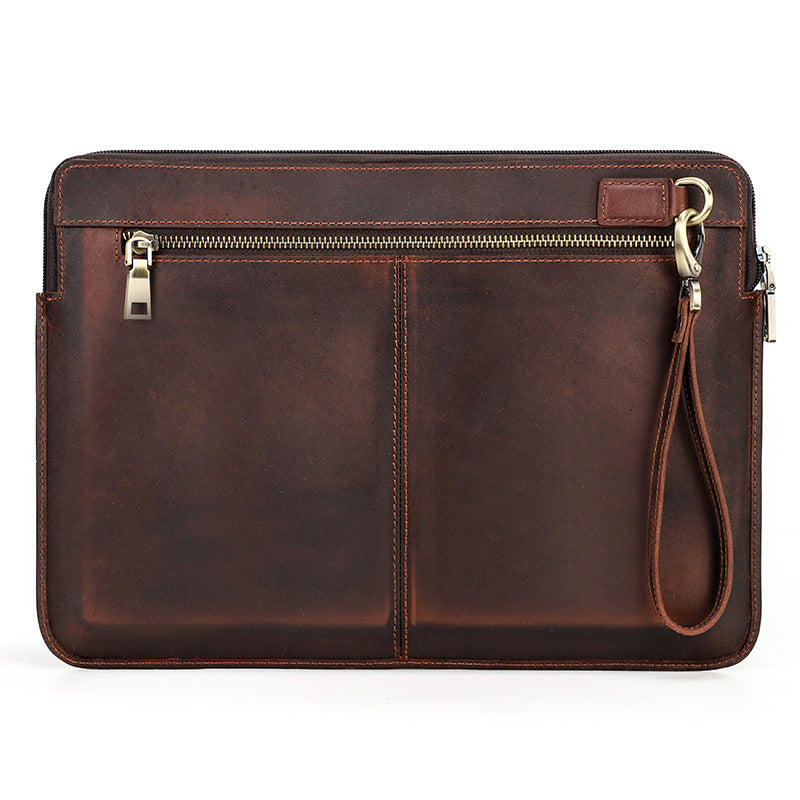 Vintage Genuine Leather Laptop Storage Sleeve – Handmade Zipper Bag for MacBook Pro 14 Inch, Retro Carrying Case with Handle