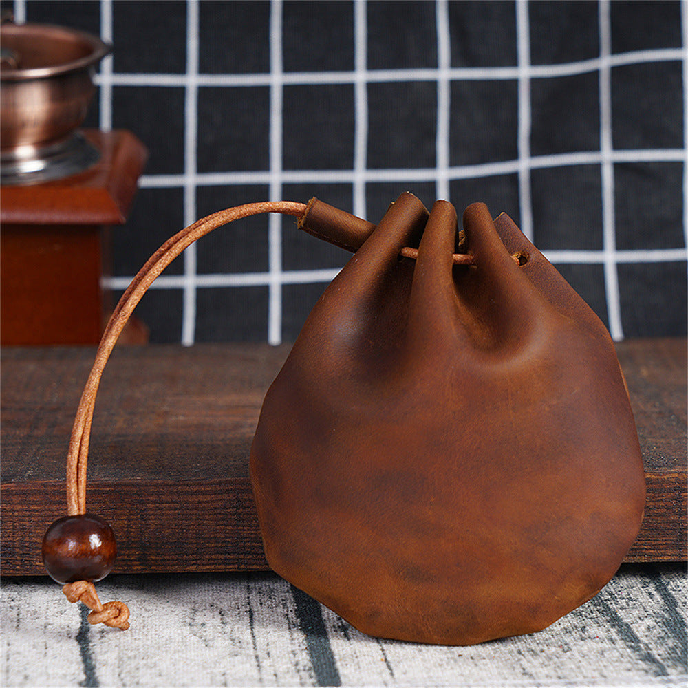 Vintage Genuine Leather Storage Pouch – Handmade Drawstring Coin Purse, Retro Small Wallet Bag for Coins, Keys and Everyday Essentials