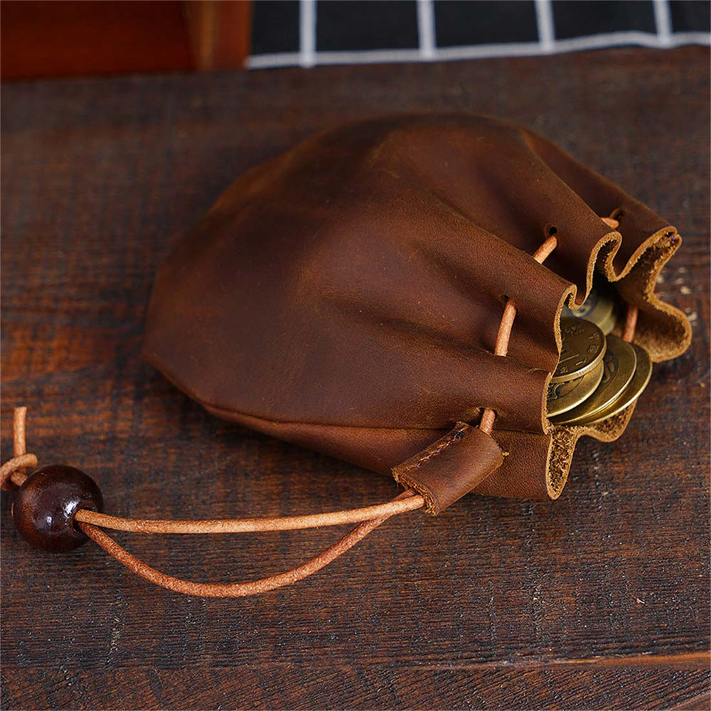 Vintage Genuine Leather Storage Pouch – Handmade Drawstring Coin Purse, Retro Small Wallet Bag for Coins, Keys and Everyday Essentials