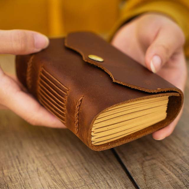 Vintage Handmade Full-Grain Leather Pocket Note Book – Mini Journal with Snap Closure