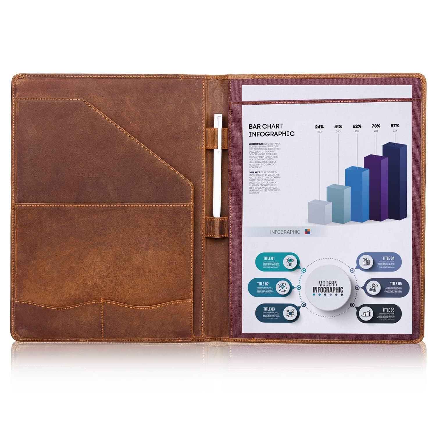 Vintage Leather A4 Notebook Portfolio – Full Grain Leather Clipboard Folder with Pen Holder, Document Organizer and Case for iPad 10.5 Inch