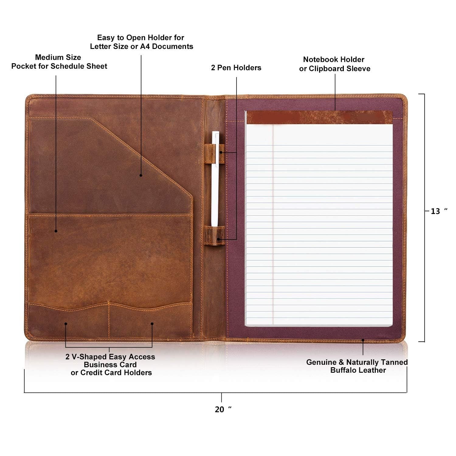 Vintage Leather A4 Notebook Portfolio – Full Grain Leather Clipboard Folder with Pen Holder, Document Organizer and Case for iPad 10.5 Inch