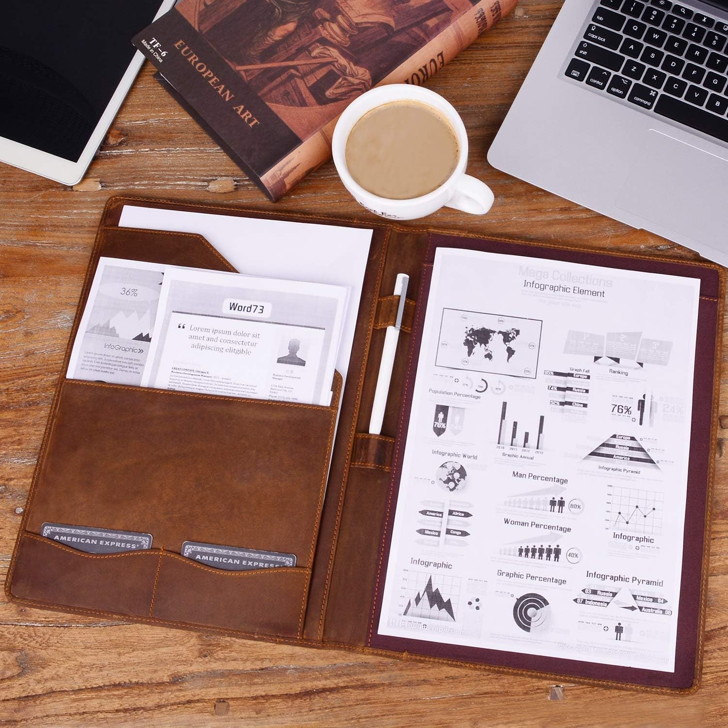 Vintage Leather A4 Notebook Portfolio – Full Grain Leather Clipboard Folder with Pen Holder, Document Organizer and Case for iPad 10.5 Inch
