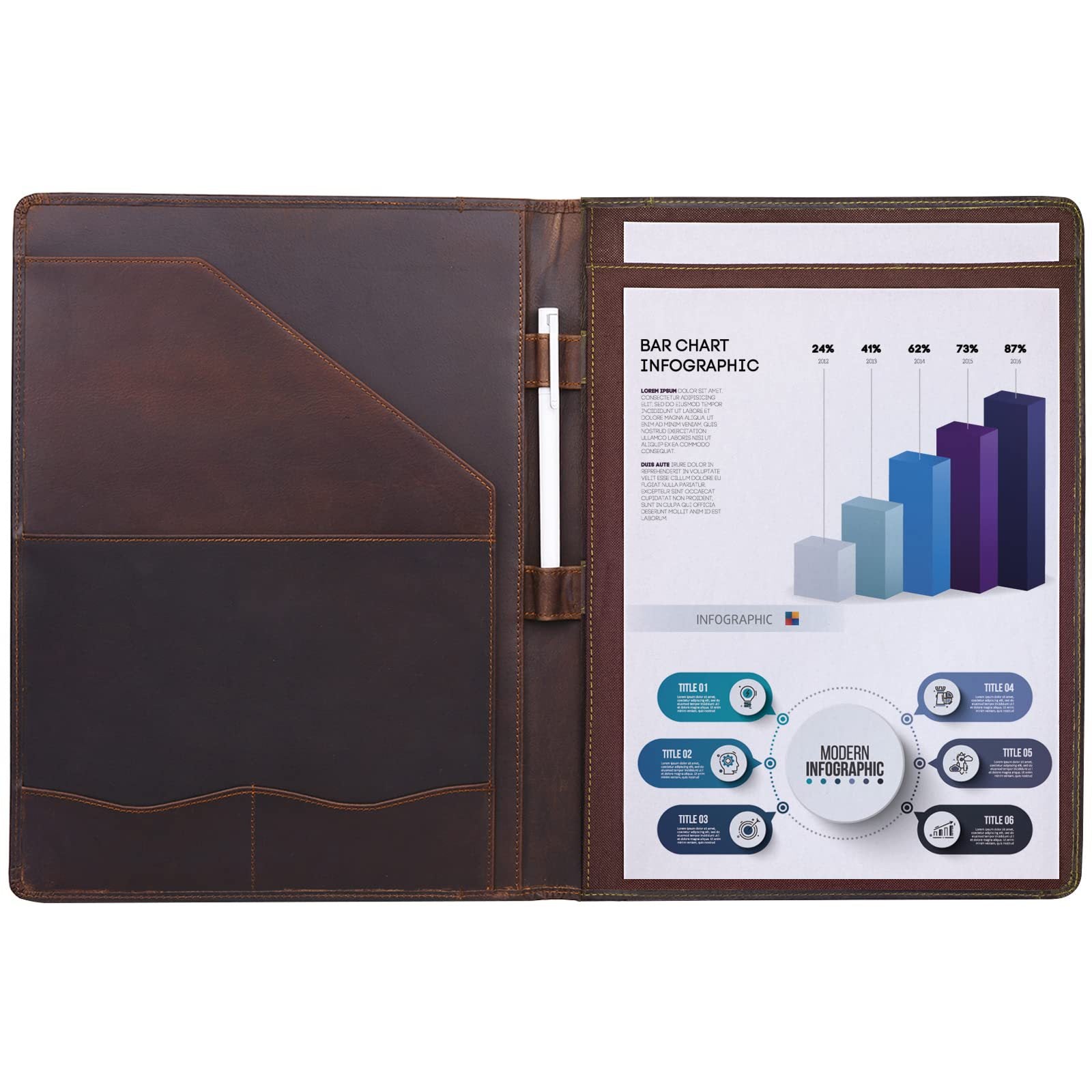 Vintage Leather A4 Notebook Portfolio – Full Grain Leather Clipboard Folder with Pen Holder, Document Organizer and Case for iPad 10.5 Inch