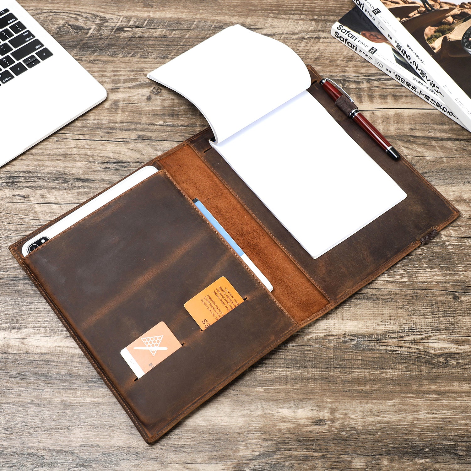 Vintage Leather B5 Notebook Cover – Handmade Crazy Horse Leather Journal Case for iPad Pro 10.5, Business Writing Planner Organizer