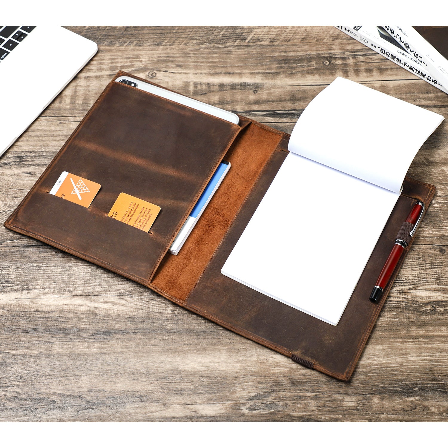 Vintage Leather B5 Notebook Cover – Handmade Crazy Horse Leather Journal Case for iPad Pro 10.5, Business Writing Planner Organizer