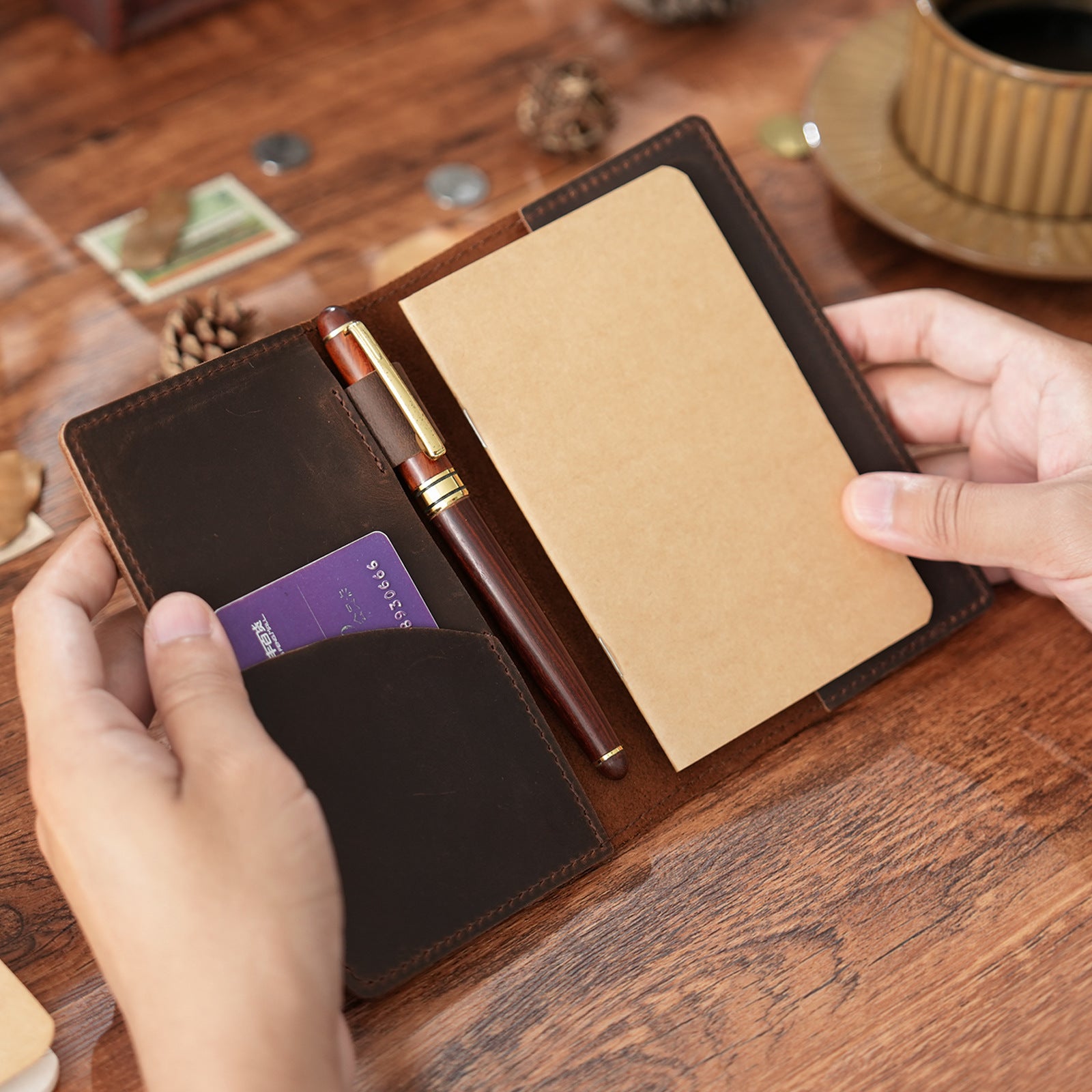 Vintage Leather Notebook Cover with Pen Holder, Travel Journal Case with Card Slots for Everyday Writing