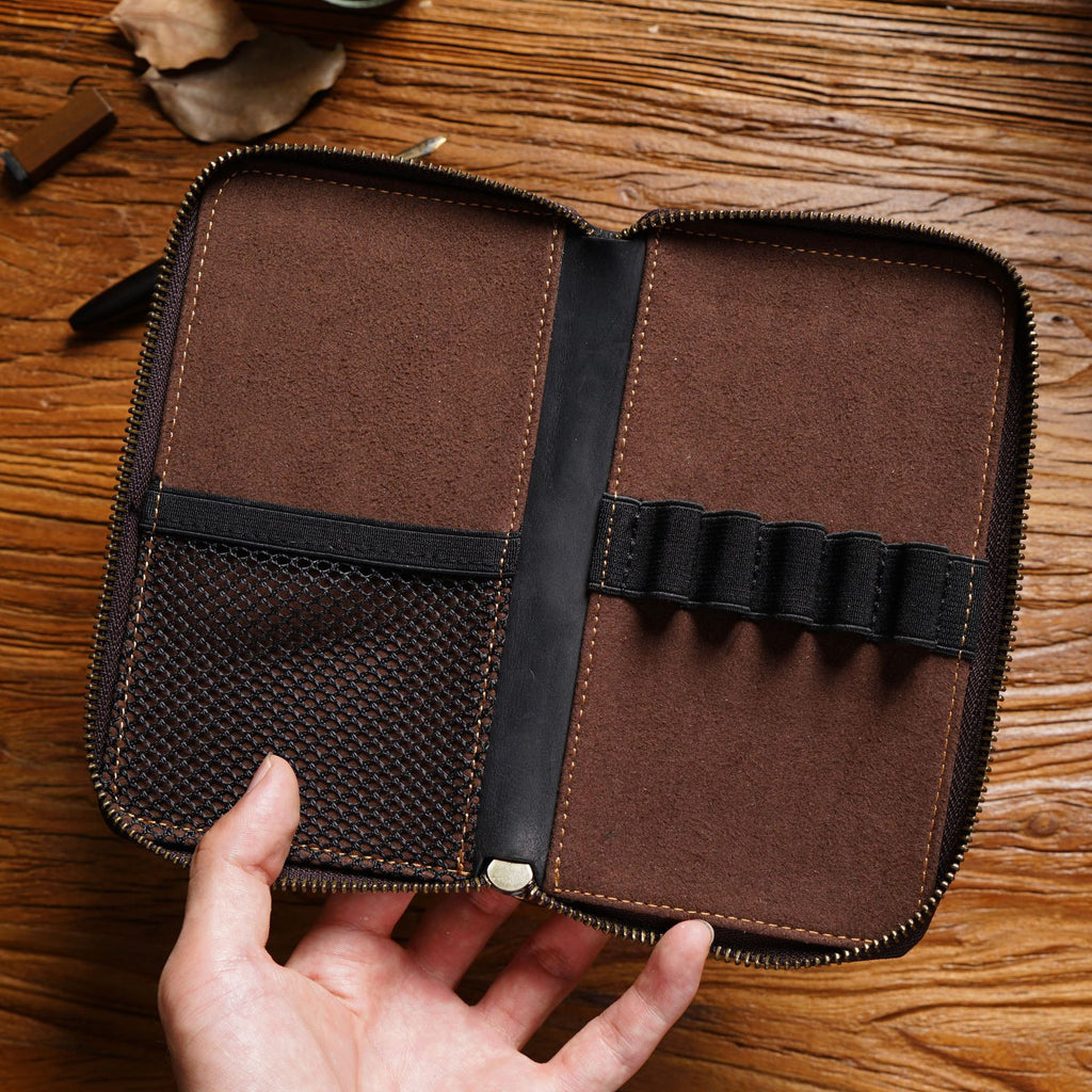 Vintage Leather Pen Storage Case with Zipper, Large Capacity Multi-Functional Stationery Organizer