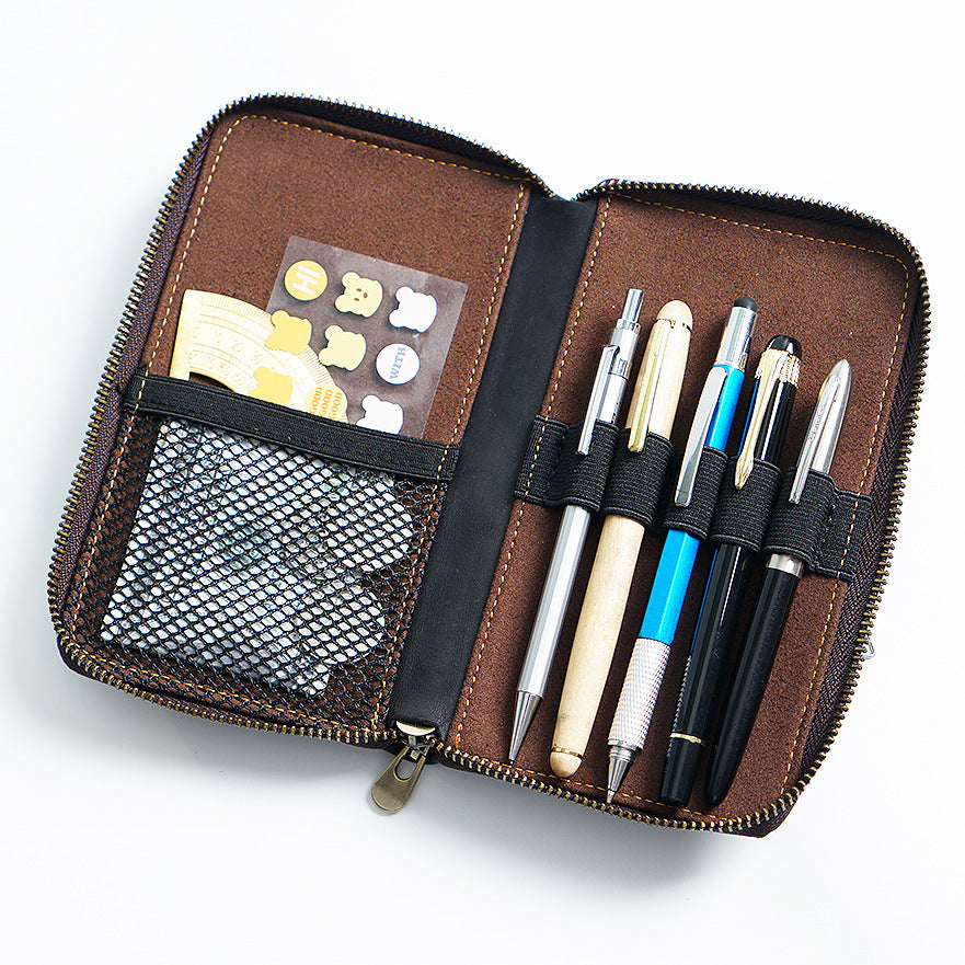 Vintage Leather Pen Storage Case with Zipper, Large Capacity Multi-Functional Stationery Organizer