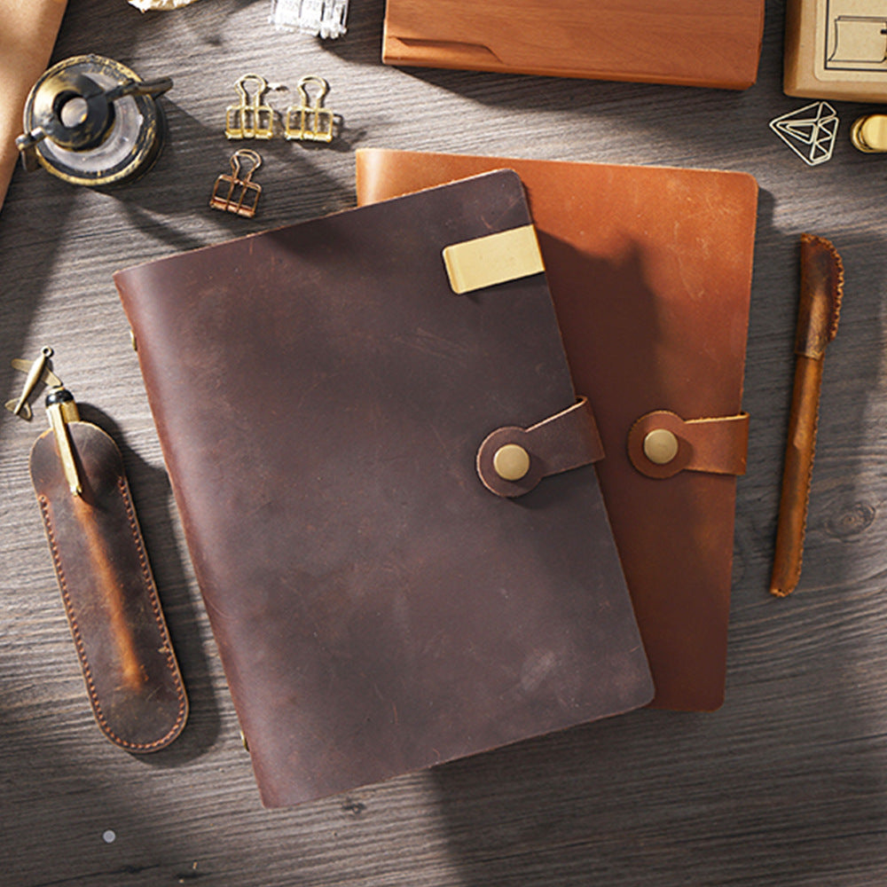 Vintage A5 Leather Notebook - Handmade Crazy Horse Traveler's Journal with 6-Ring Binder